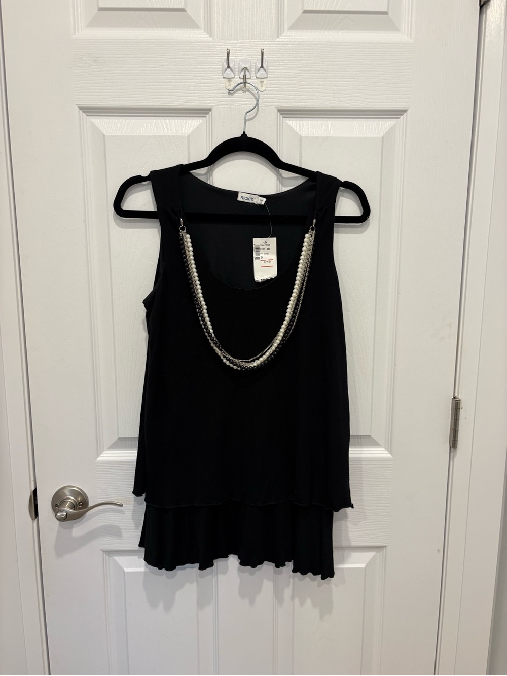Ricki's Black Layered Sleeveless Tank with Silver Beaded Necklace #1332